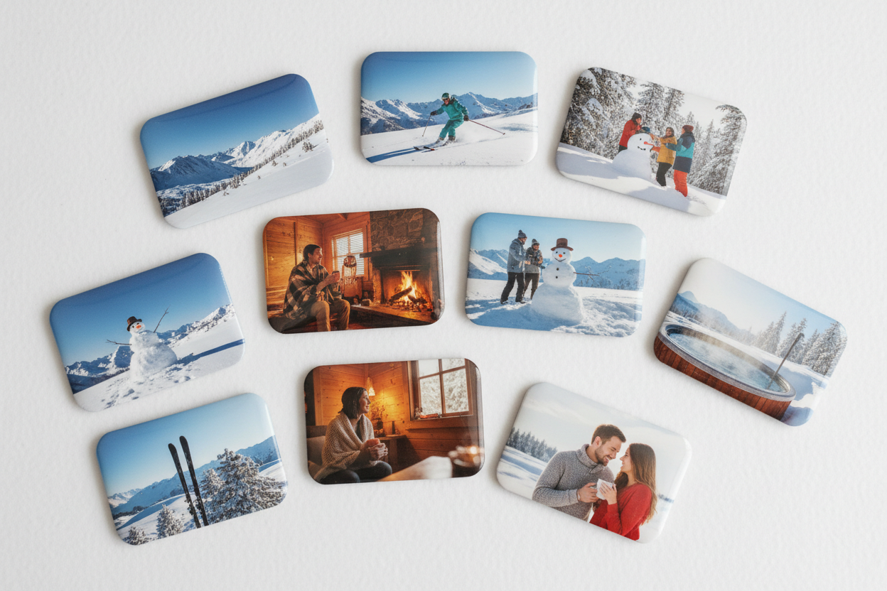 photo magnets from a trip to the snow 